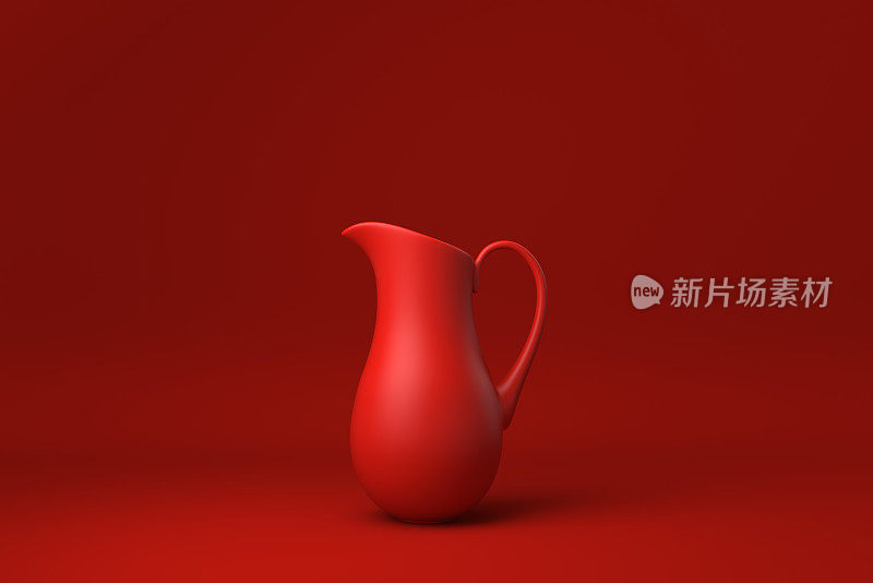 红色水罐或牛奶罐漂浮在红色背景。最小概念创意。单色。3 d渲染。